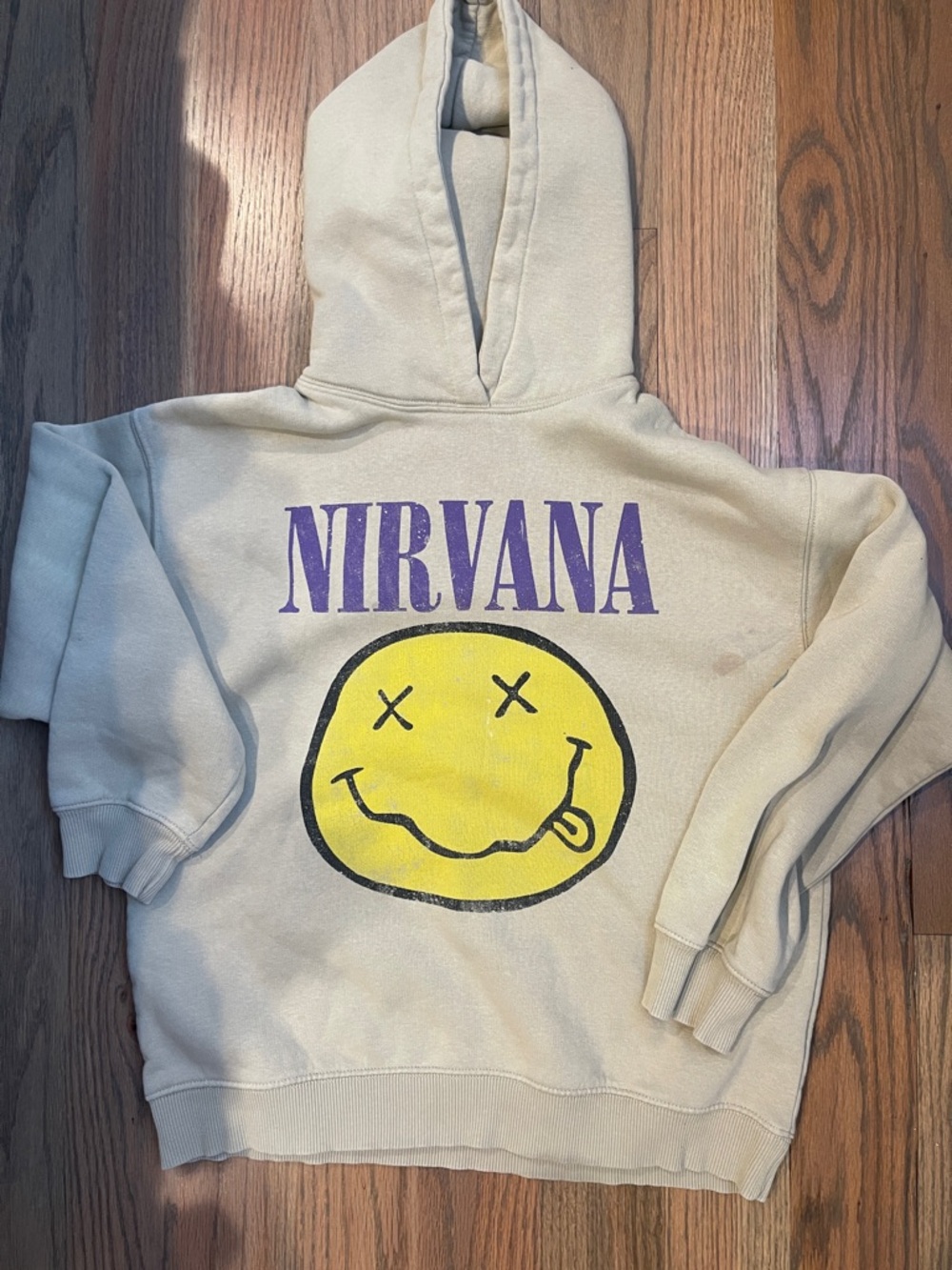 NIRVANA Cream Hoodie with Purple Logo and Yellow Smiley